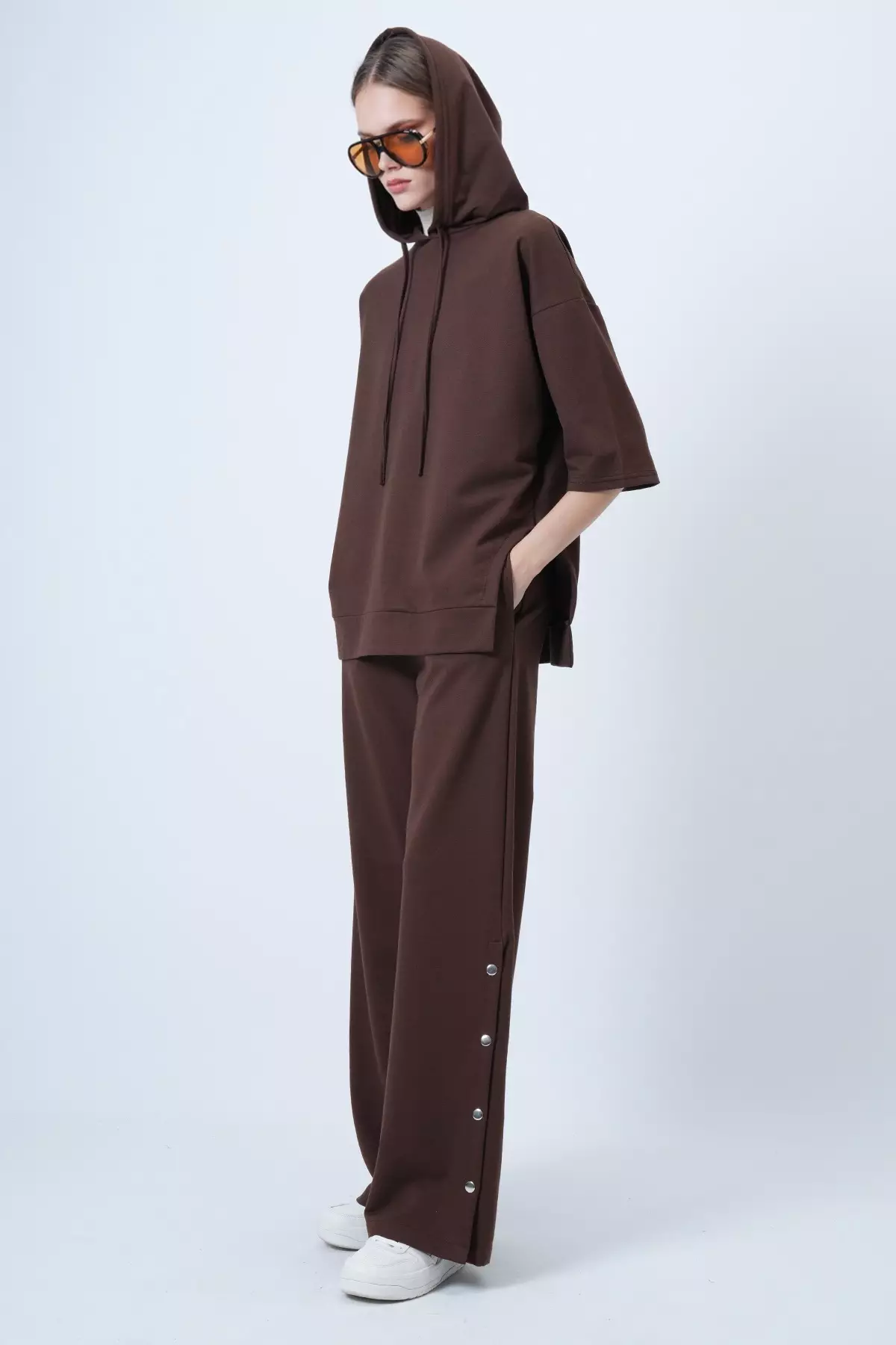 Women'S Brown Hooded Sweatshirt With Side Slits And Wide Leg Pants Set Alc-X14607