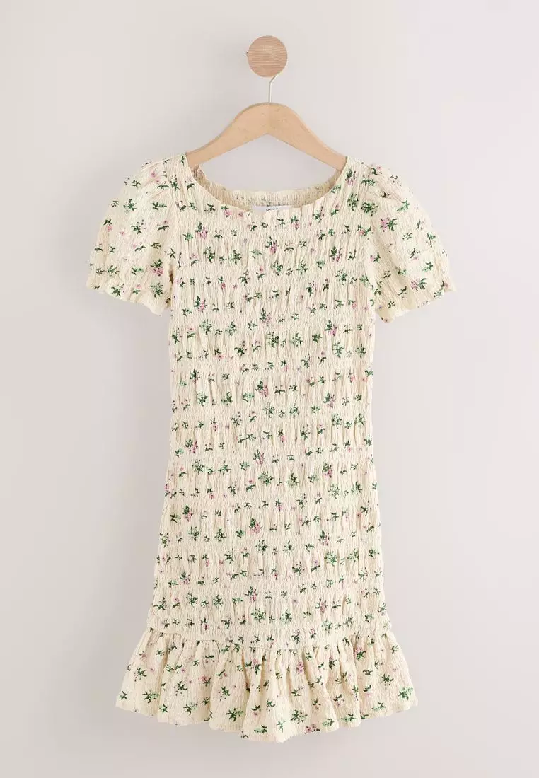 Shirred Puff Sleeve Mini Dress