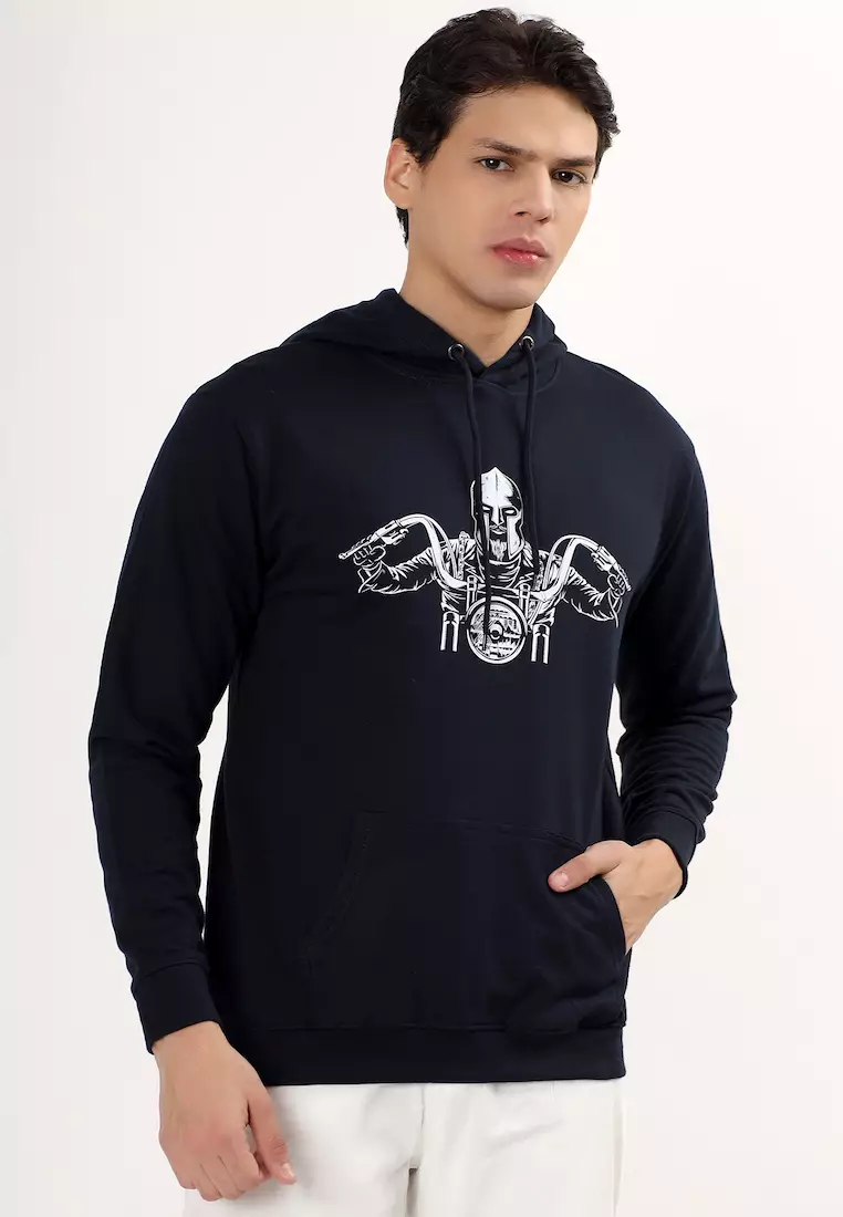 男士机车印花橡胶印花棉质宽松连帽衫，蓝色，适合训练、慢跑，外观高档，舒适