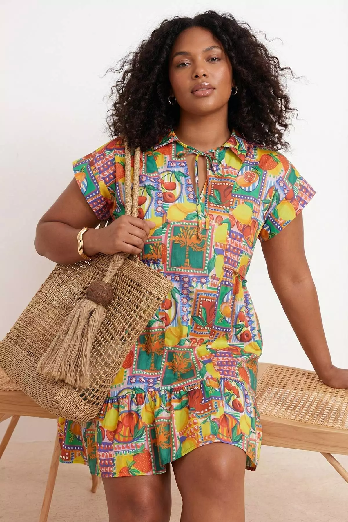 plus size beach dress with sleeves FARM Rio Multicolor Copacabana Beach Long Sleeve Maxi Dress, Copacabana Beach Multicolor / M
