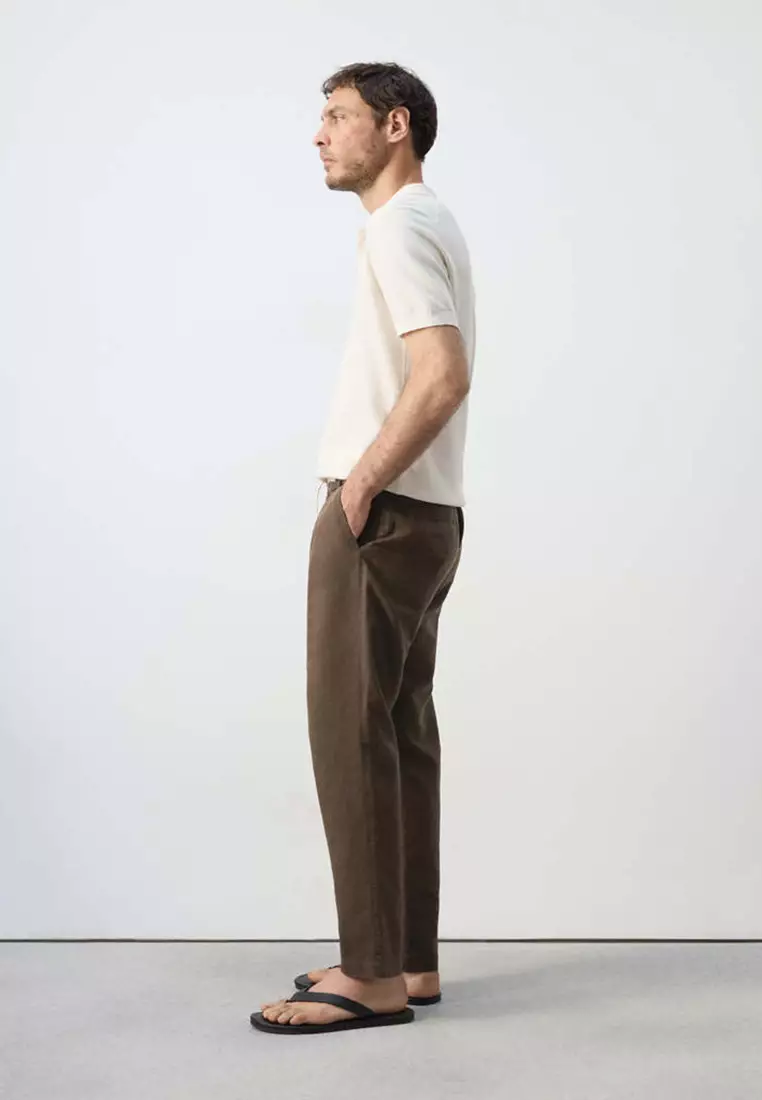 Slim Fit Cropped Linen-Cotton Trousers