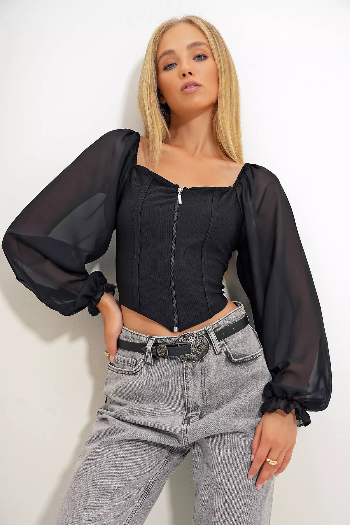 Puff Sleeve Top with Zipper