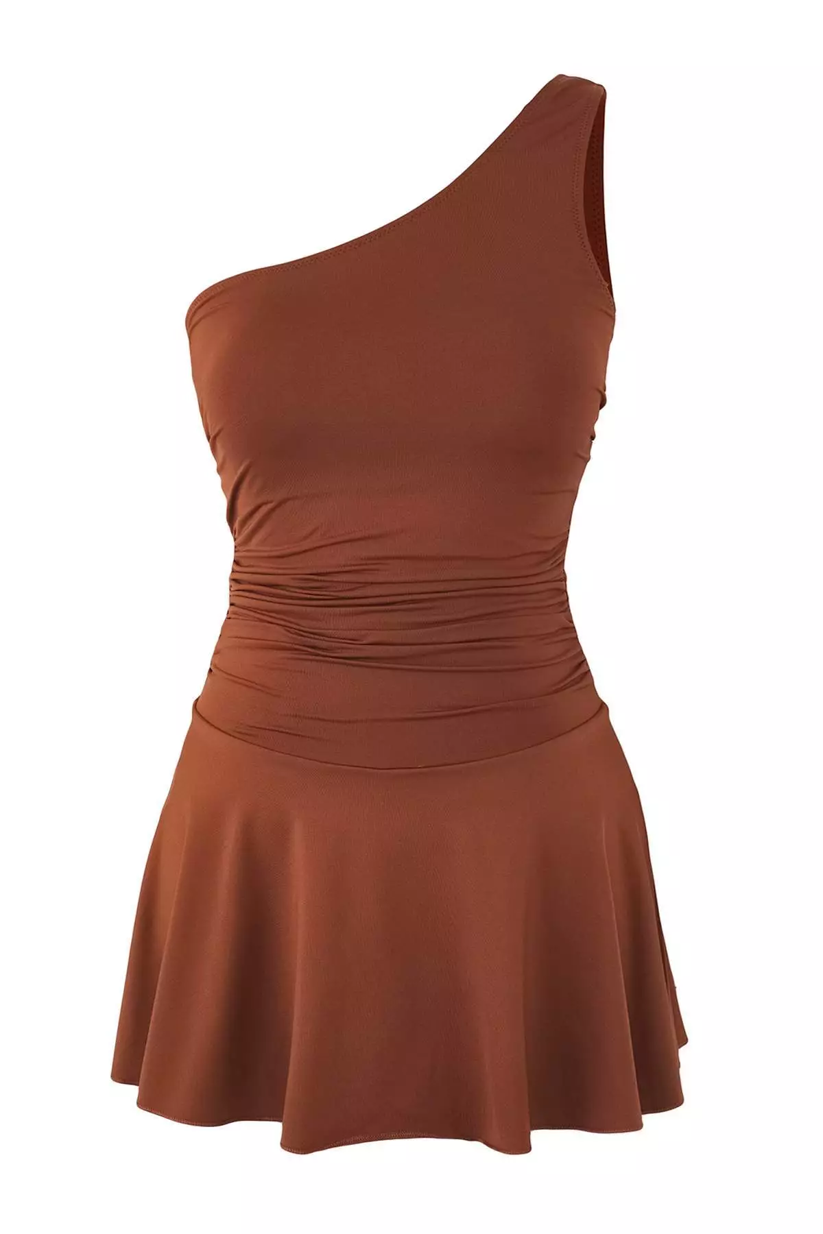 Brown One Shoulder Skirt Shorts Swimsuit