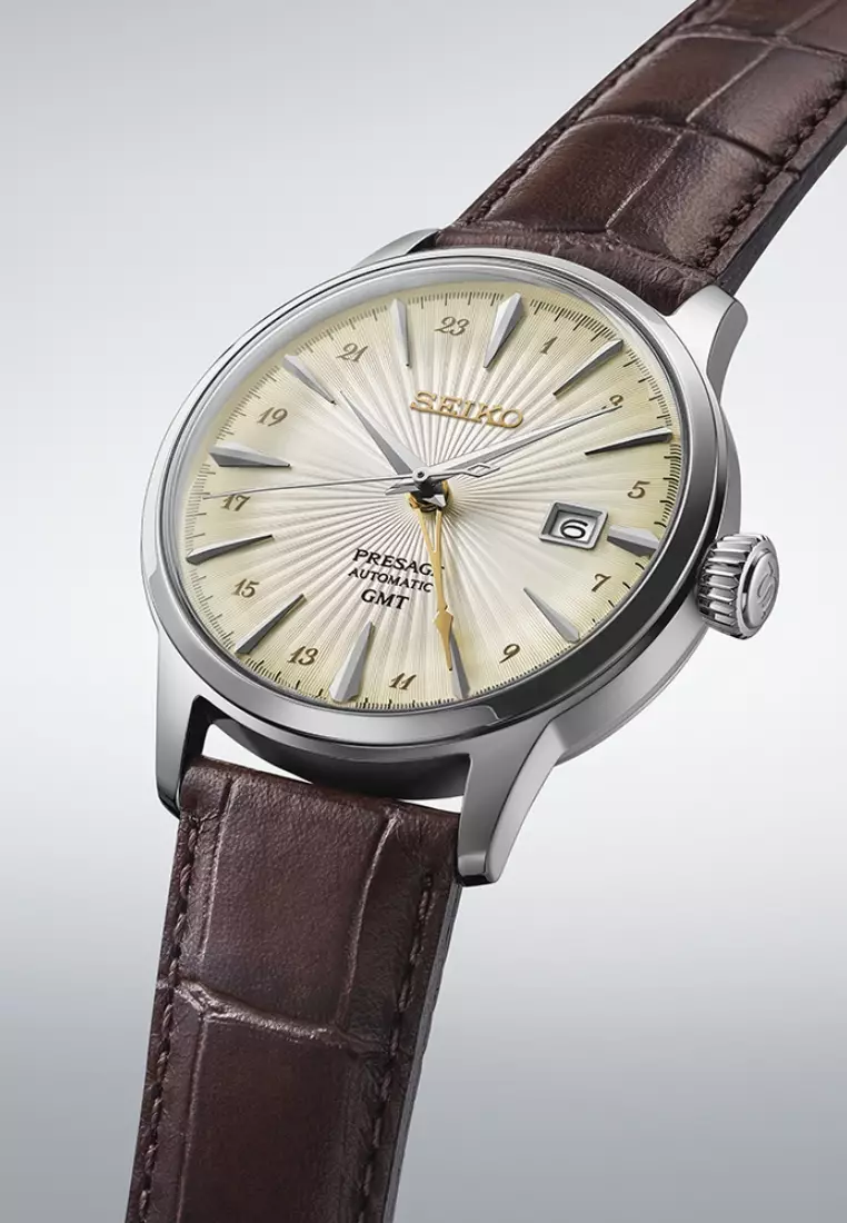 Seiko Presage ‘Acacia’ Cocktail Time GMT Graduated Yellow Dial Brown Leather Band Automatic Watch SSK041J1