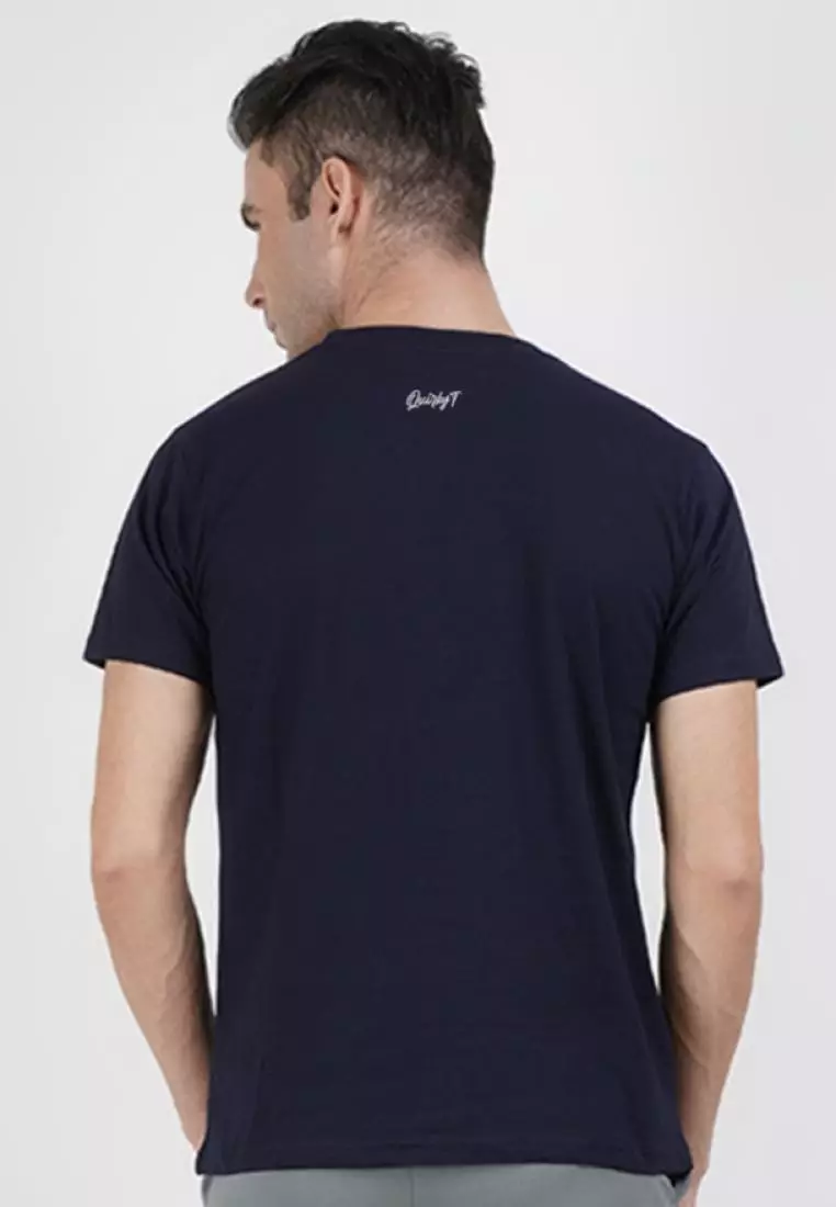 Geometric Print Graphic Navy Blue Cotton Blend Short Sleeve Regular Fit Tee