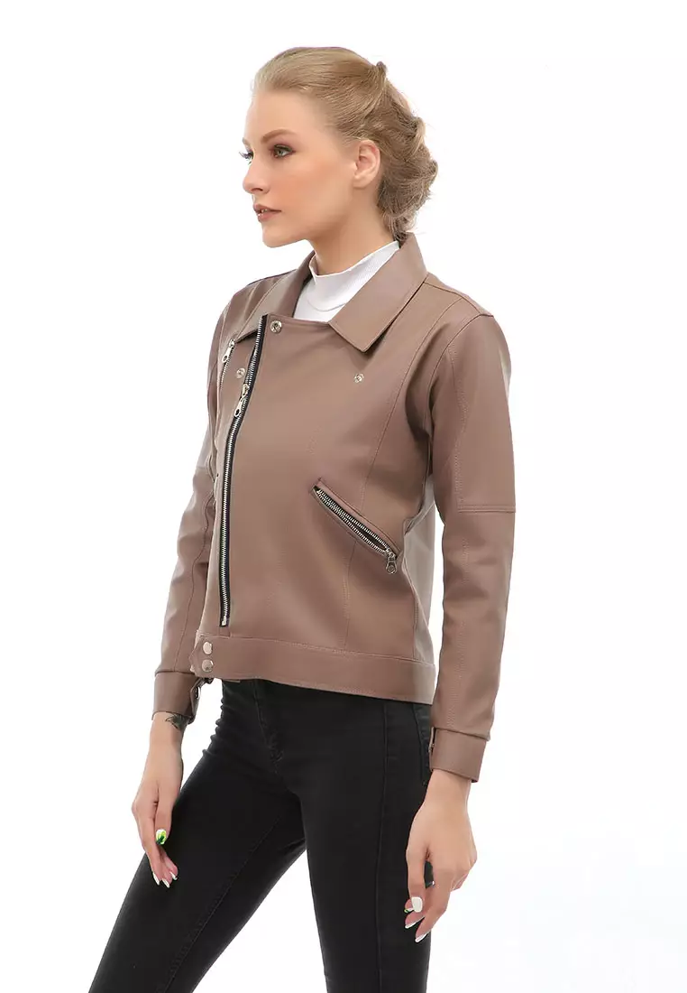 Glenice Jacket Outer Fashion Wanita Zipper Pocket Elegant Design Material Leather ORIGINAL - Mocca