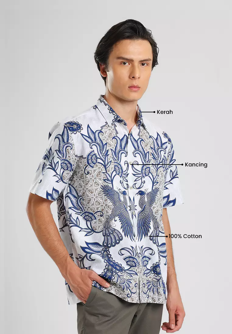 MANZONE - Kemeja Batik Lengan Pendek Pria Wirasaba Comfort Fit - Beige Warna Beige