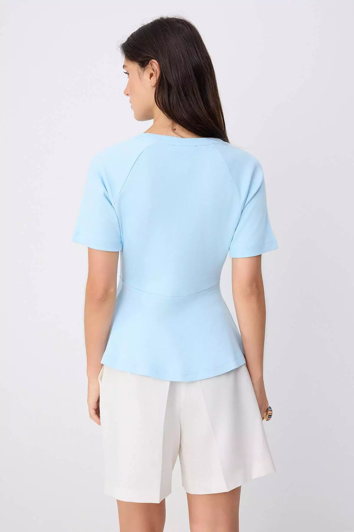 Light Blue Plain Peplum Crew Neck Short Accessory Detailed Interlock Knitted Blouse Twoss26Bz00242