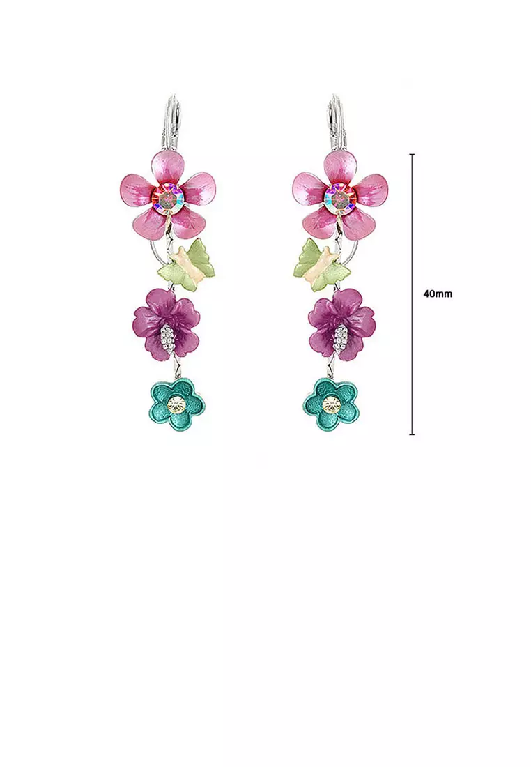 Pink and Blue Flower Earrings with Pink and Silver Austrian Element Crystals