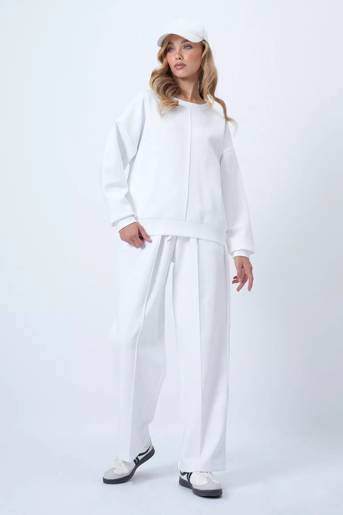 White Crew Neck Blouse With Ribbed Front And Double Pocket Trousers Set Alc-X14543