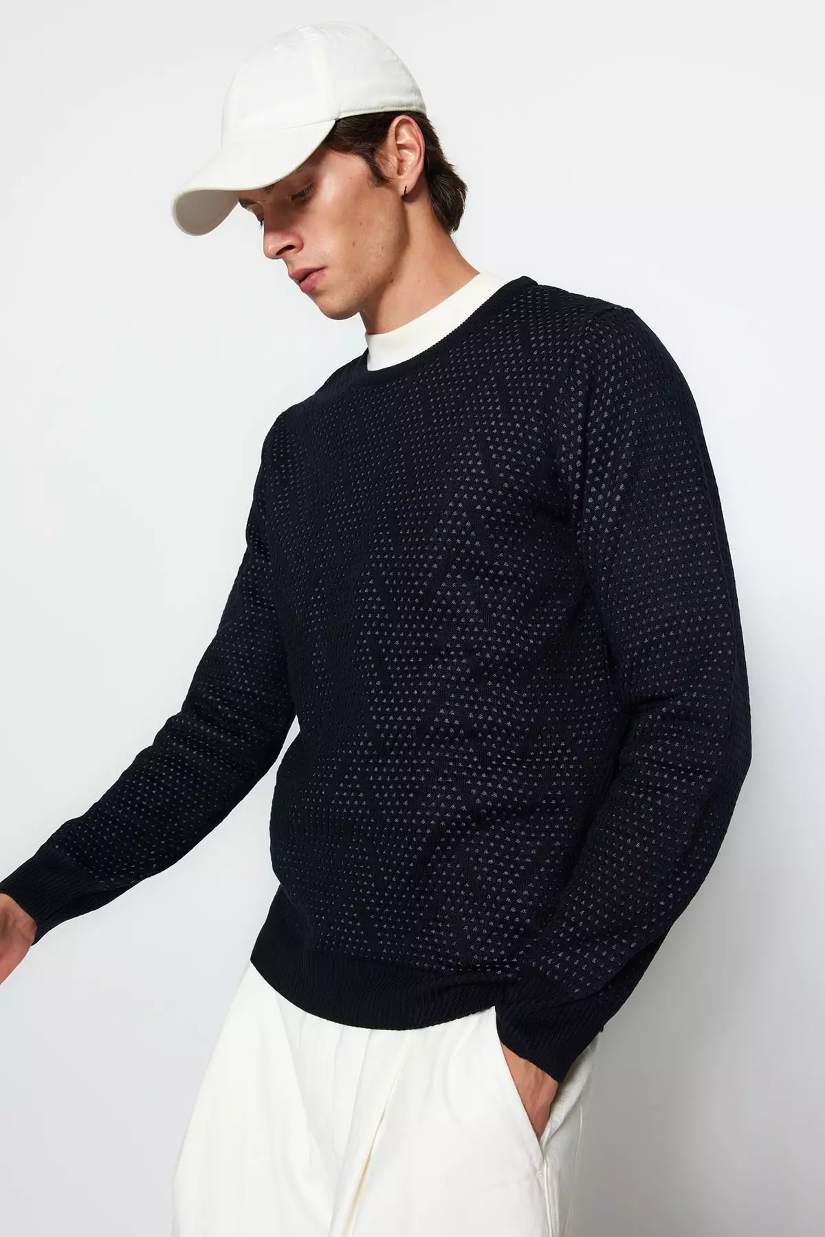 Buy Trendyol Navy Blue Men s Slim Fit Crew Neck Jacquard Patterned
