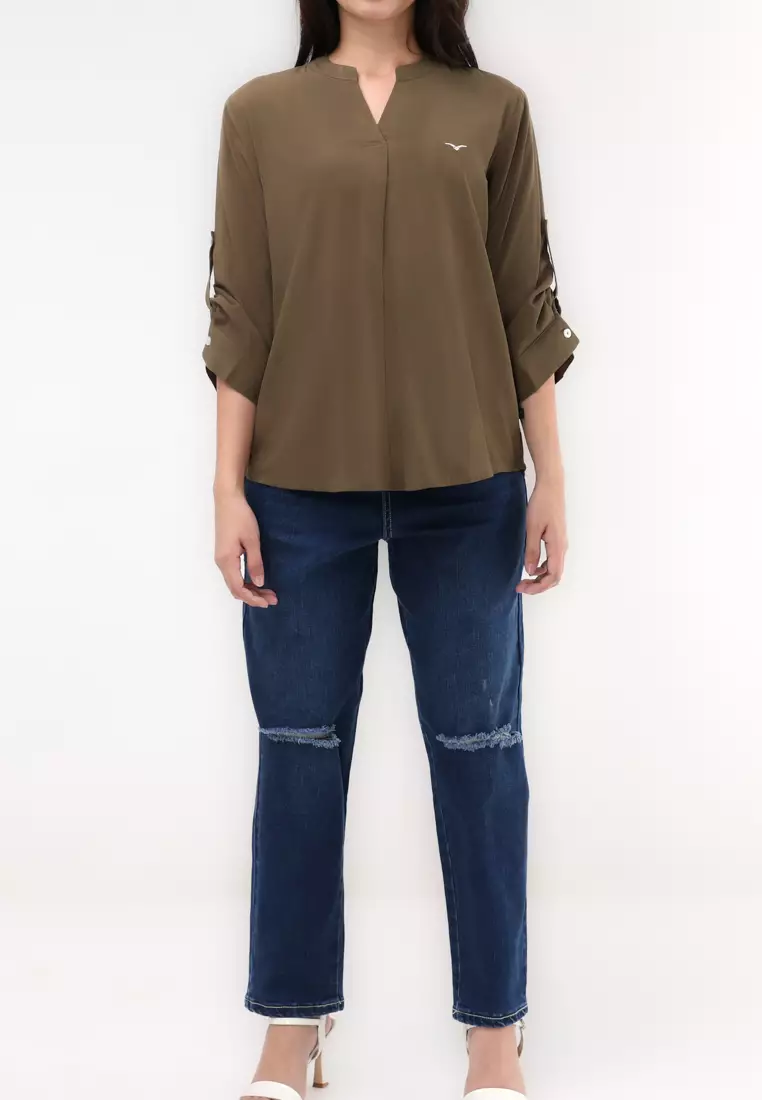 Woven Plain Soft Linen 3/4 Blouse