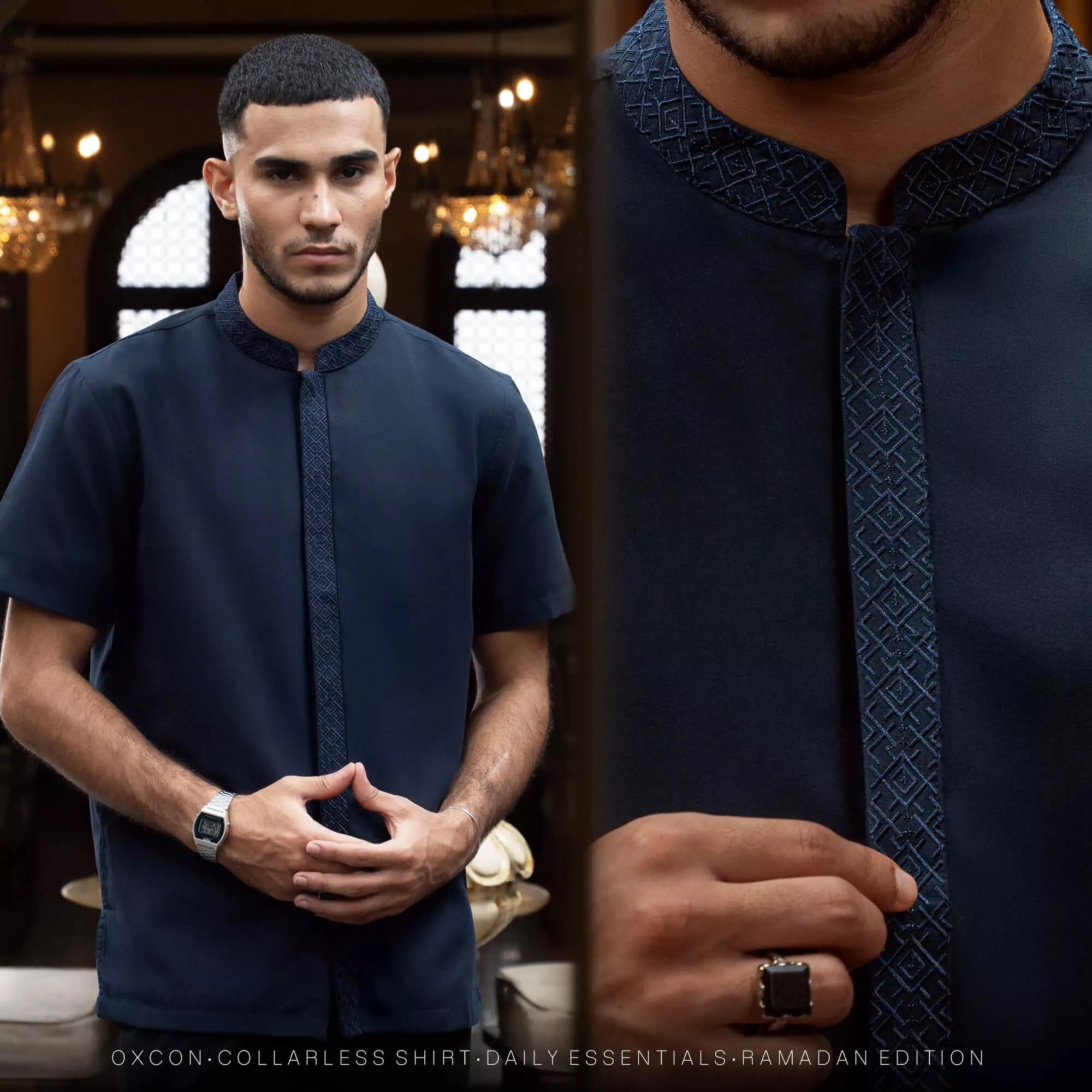 Kemeja Koko Bordir Azril Tangan Pendek Pria Muslim Navy