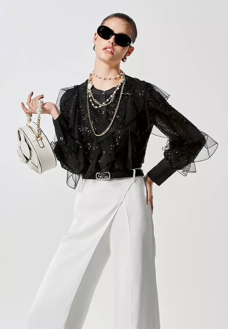 Full Sequin Top With Mesh Ruffle Layer