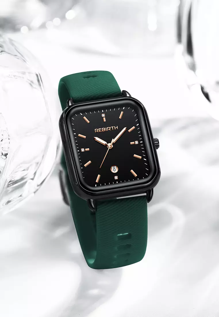 Jam Tangan Wanita Original Square Anggun Tali Silikon Anti Air hijau