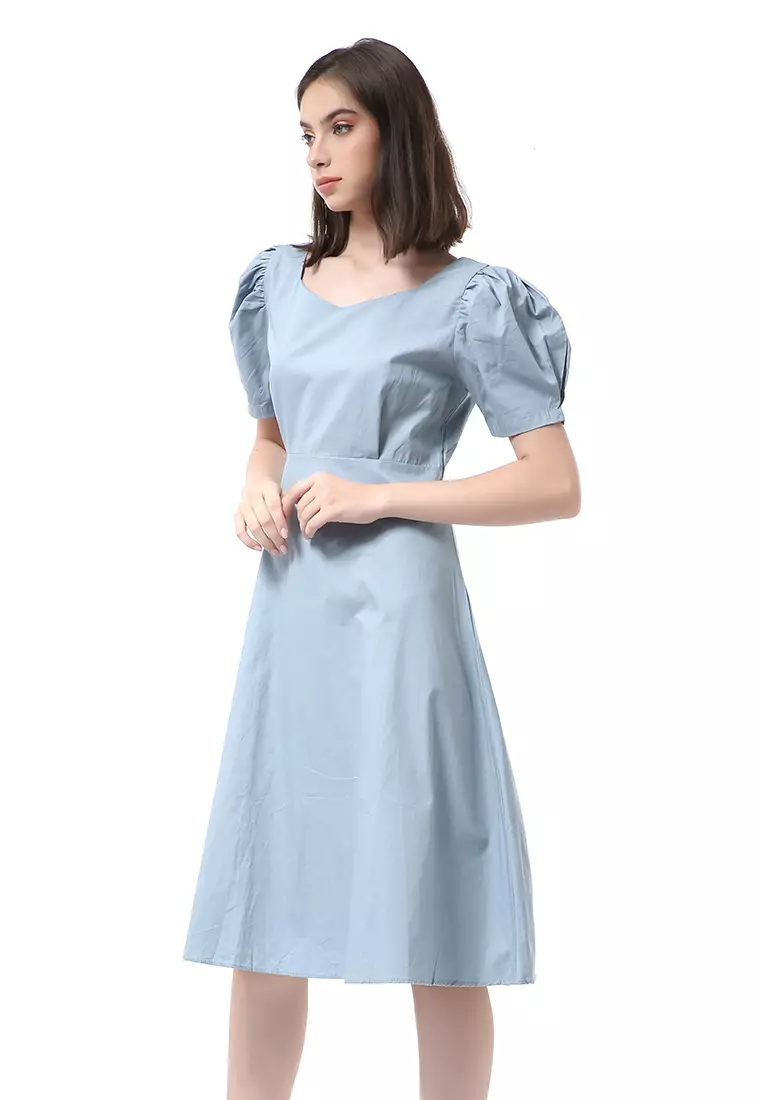 Rachel Dress Wanita Lengan Pendek Model Puffy Plain Motive Material Cotton ORIGINAL - Blue