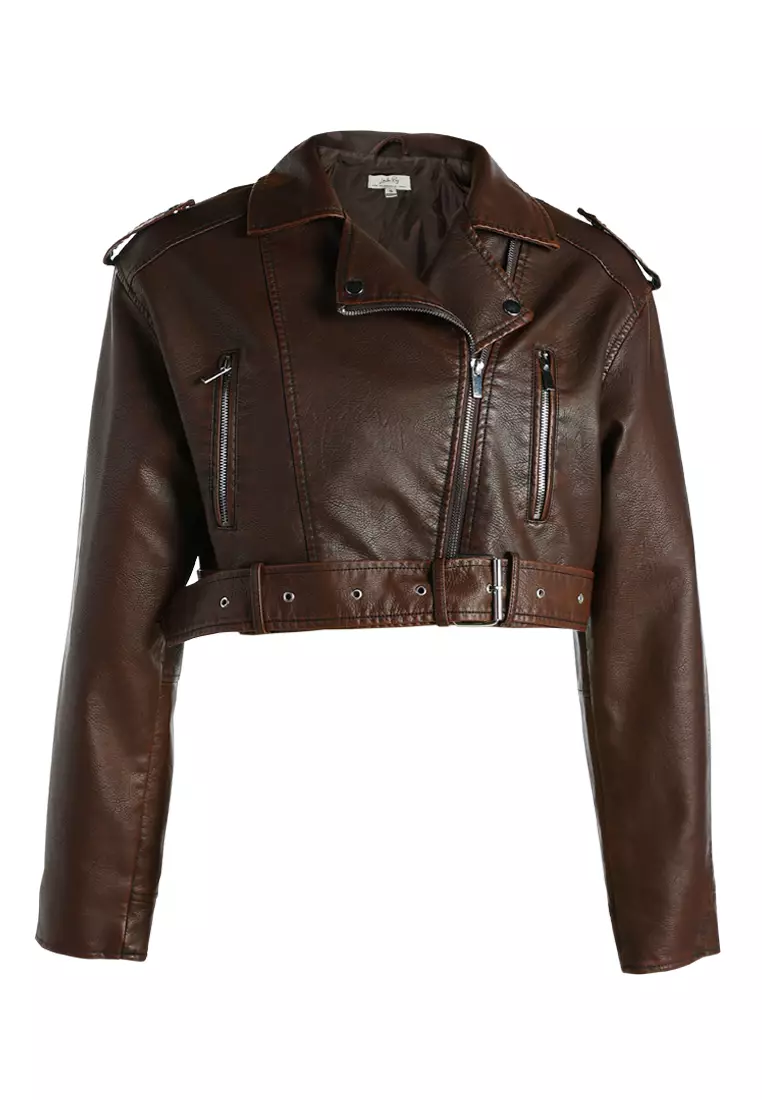 Cropped Biker Jacket in Brown