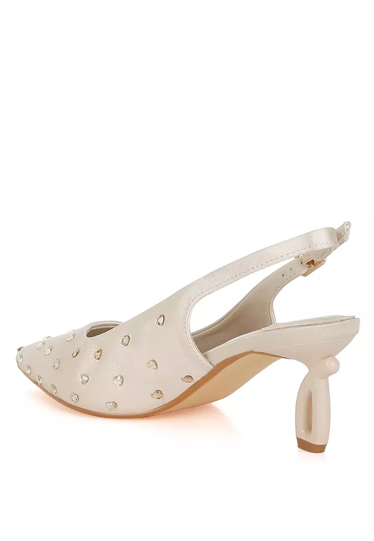 Heart-Shaped Rhinestone Studded Slingbacks in Beige