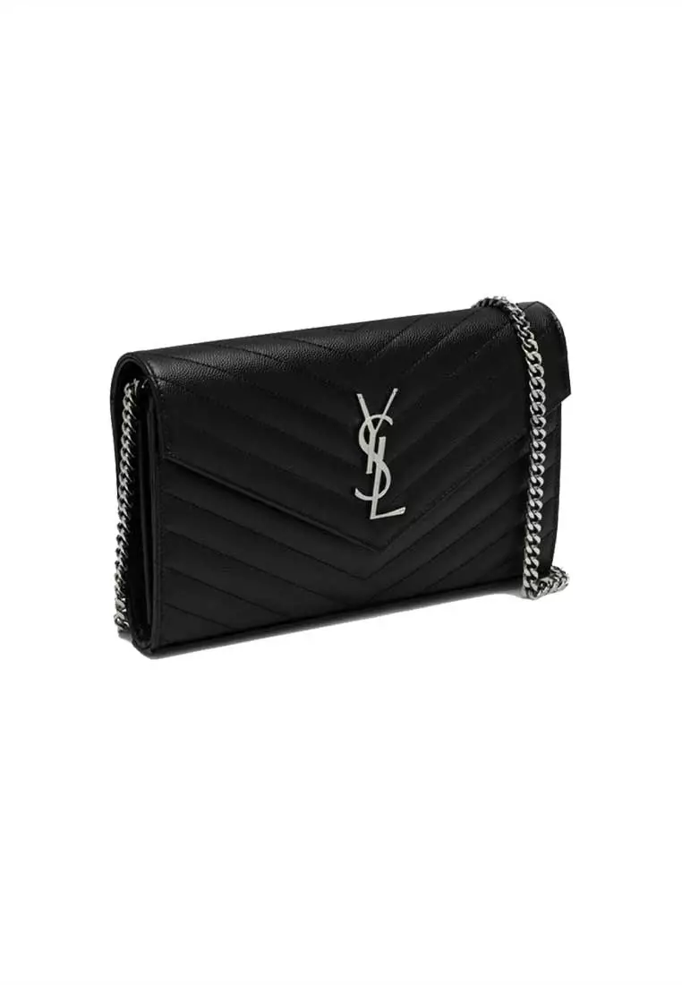 YSL Matelasse Chain Wallet In Grain De Poudre Embossed Leather Black/Silver 377828BOW02