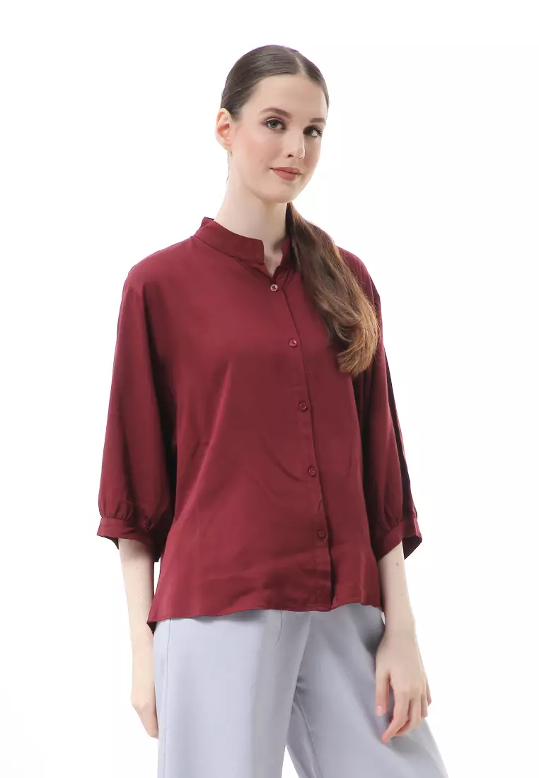 Ghita Kemeja Atasan Wanita Motif Polos Long Sleeve High Quality - Maroon