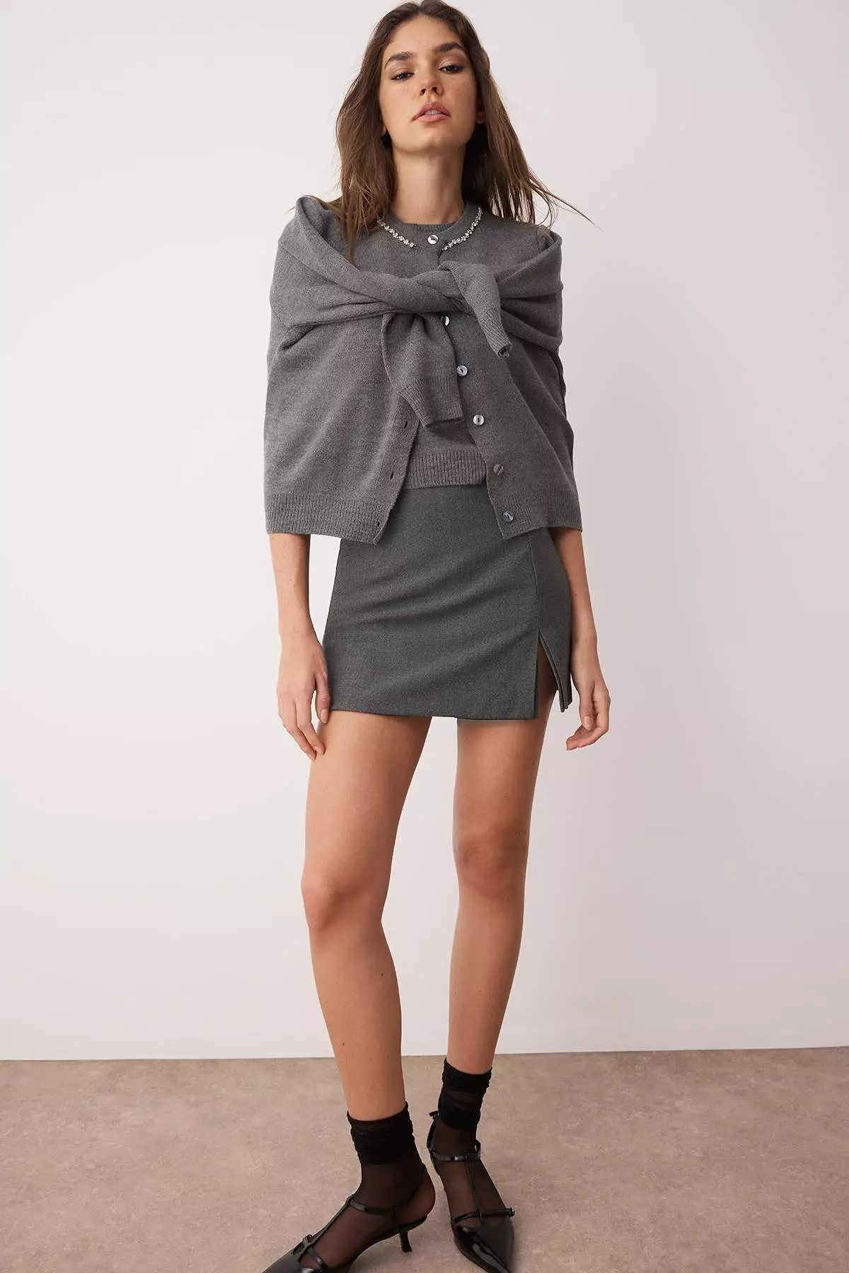 Anthracite Stone Detailed Soft Textured Double Knitwear Cardigan Blouse