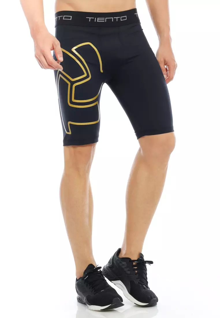 Tiento Baselayer Leging Celana Pendek Ketat Olahraga Pria Legging Sport Short Pants EXO Series Black Gold Men