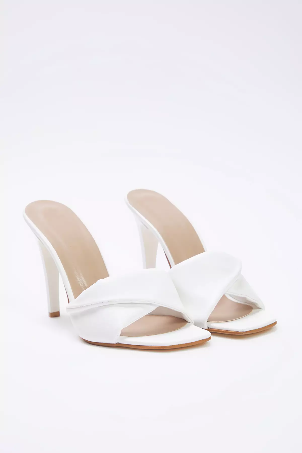 White Asymmetric Band Square Toe Women Thin Heels Slippers Takss25To00058