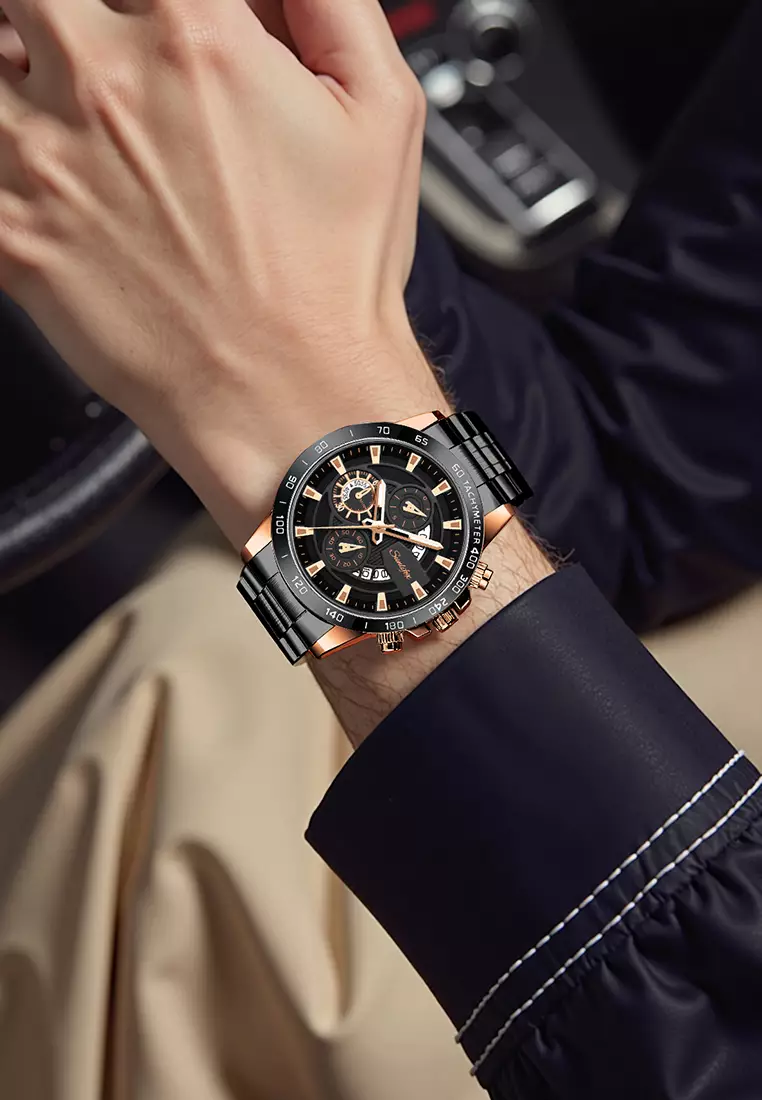 Jam Tangan Pria SL3321 Quartz Kalender Bercahaya Olahraga Tali Stainless Steel Jam Tangan Cowok blackgold