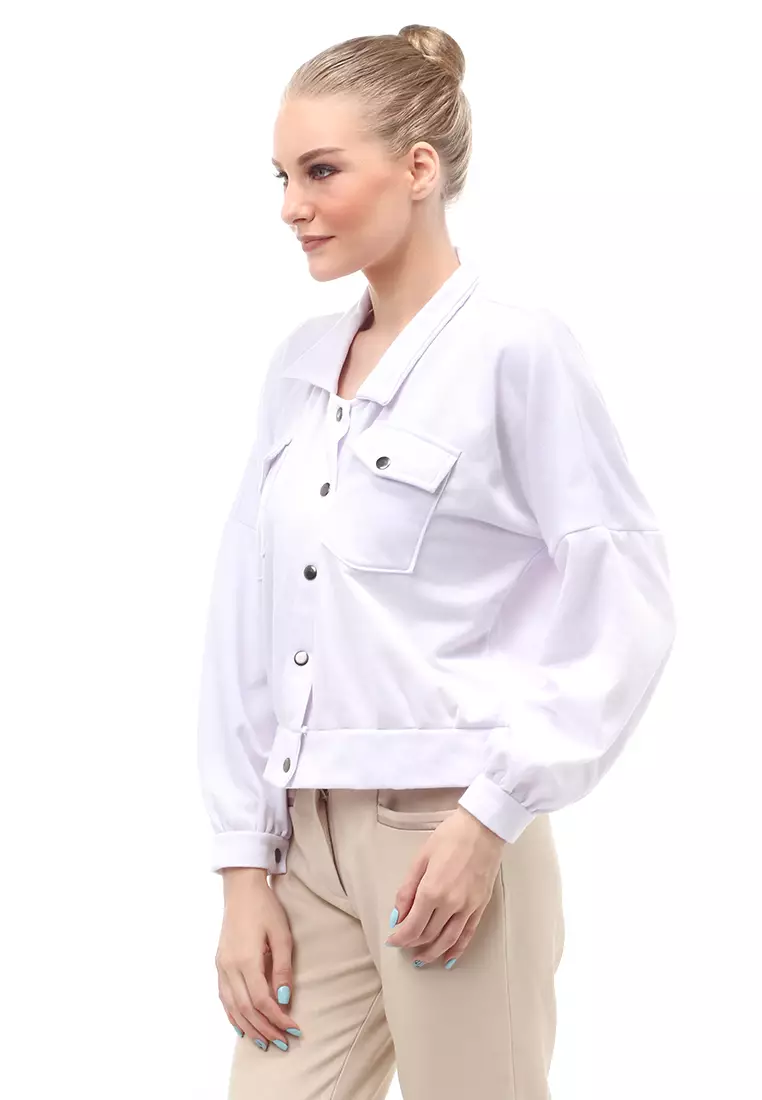 Fadey Jaket Long Sleeves Outerwear Wanita Lengan Balon Regular Fit - Putih