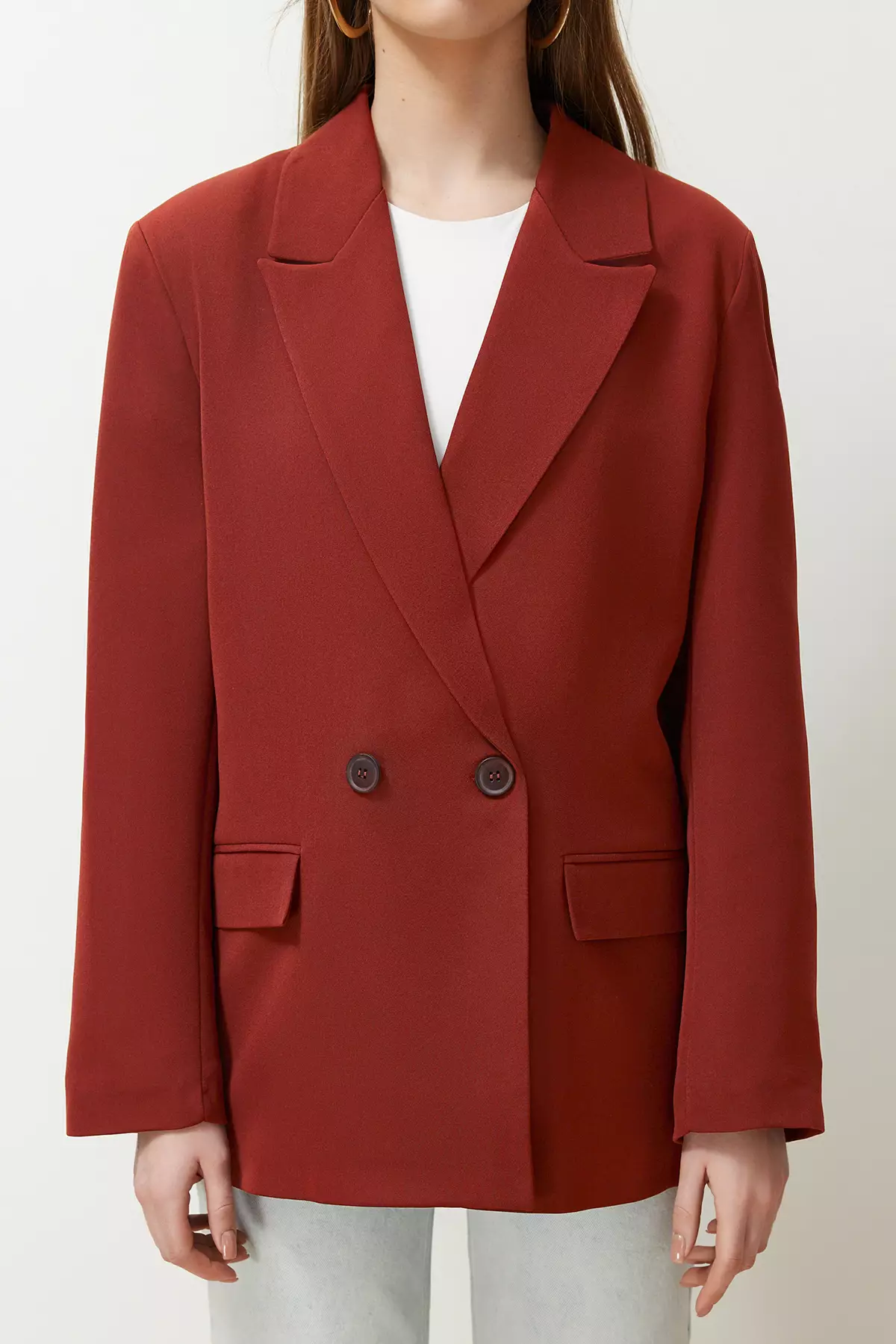 Burgundy Tile Oversize Straight Cut Basic Double-Breasted Woven Blazer Jacket Twoss24Bc28