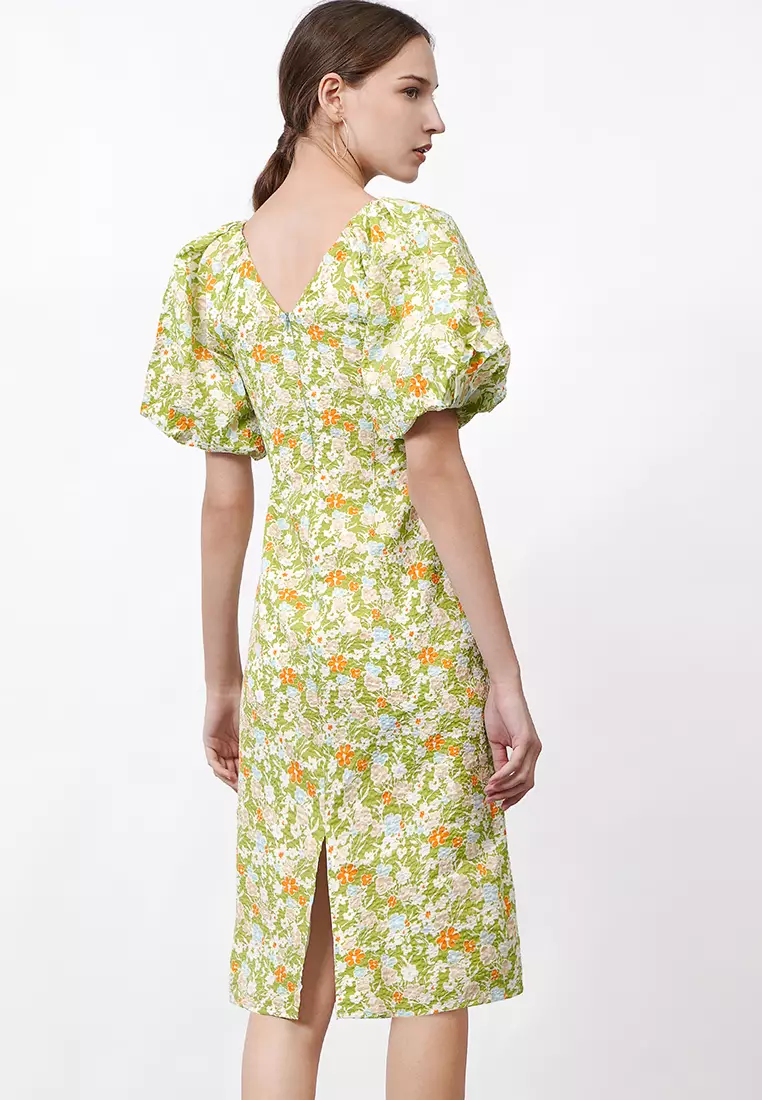 Bubble Sleeves Floral Midi Dress