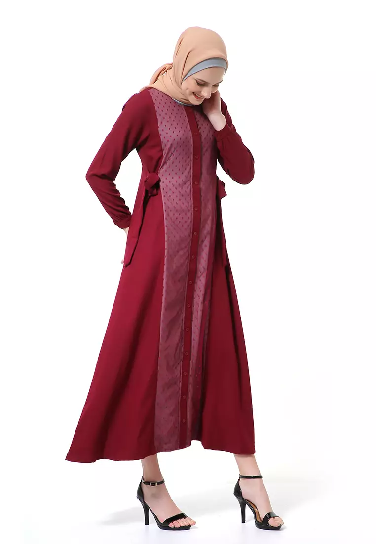 Dilla Long Dress Muslimah Lengan Panjang Relaxed Fit High Quality Premium - Maroon Mix Taupe