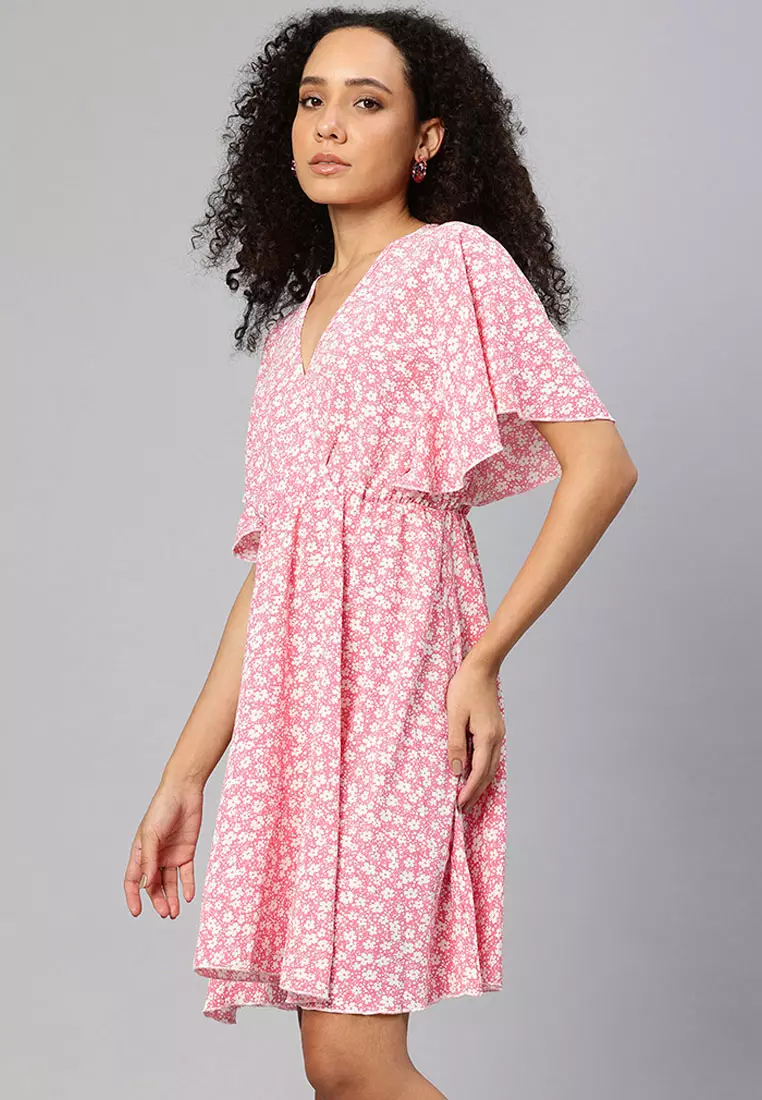 Gaun Midi Motif Bunga V-Neck Warna Pink