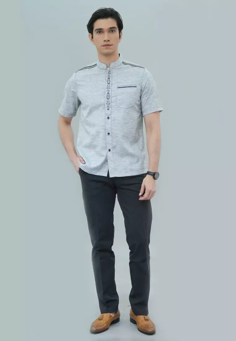 LGS - Baju Koko - Single Pocket Motif Garis Hitam - Abu Cerah - JSH.385.S2029KF.421.C