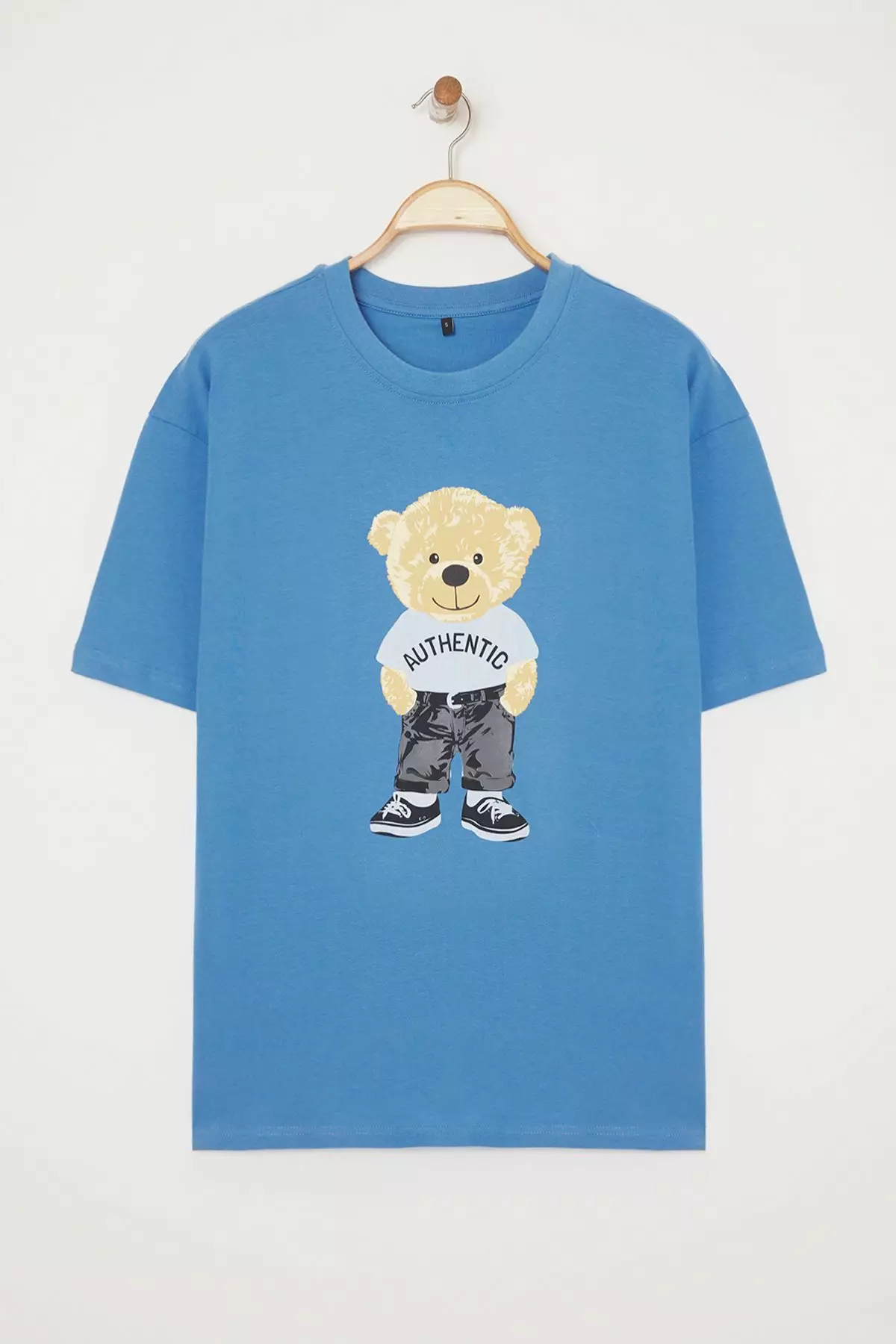 Blue Unisex Oversize/Wide Cut Teddy Bear Printed 100% Cotton T-Shirt TMNSS25TS00158