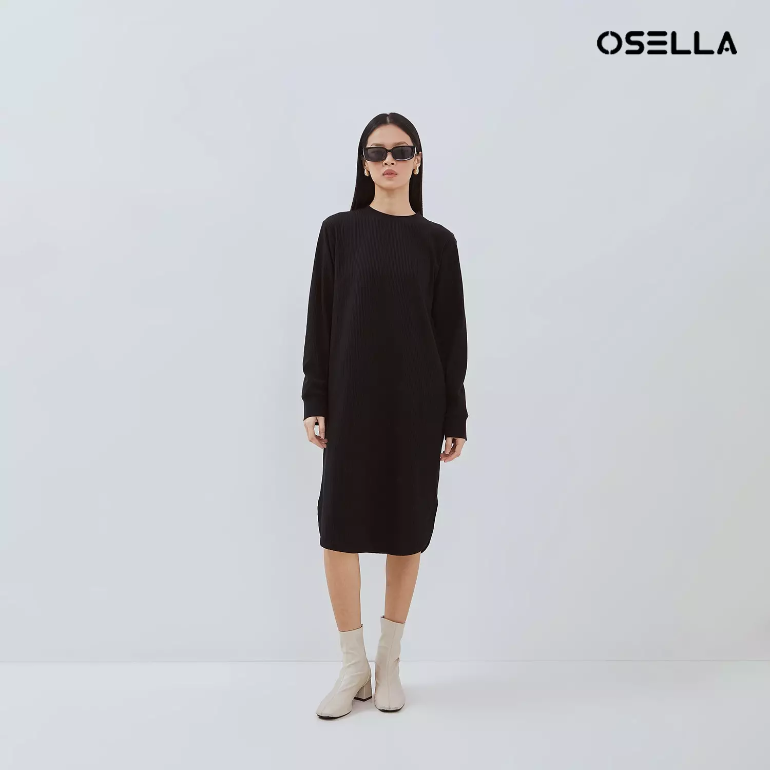 [NEW]OSELLA NAURA FANCY KNIT MIDI DRESS BLACK 2157500643 | Dress Rajut Wanita Lengan Panjang