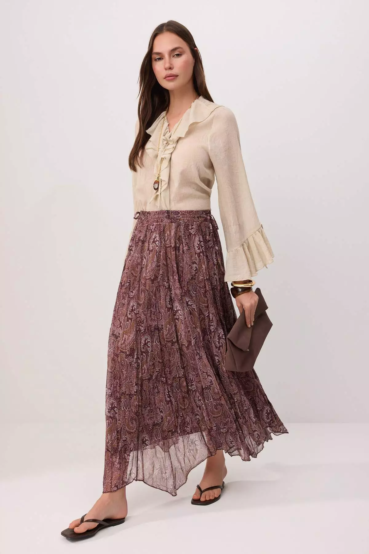 Brown Chiffon Pleated Lined Ethnic Patterned Maxi Skirt Tctss26Ee00007