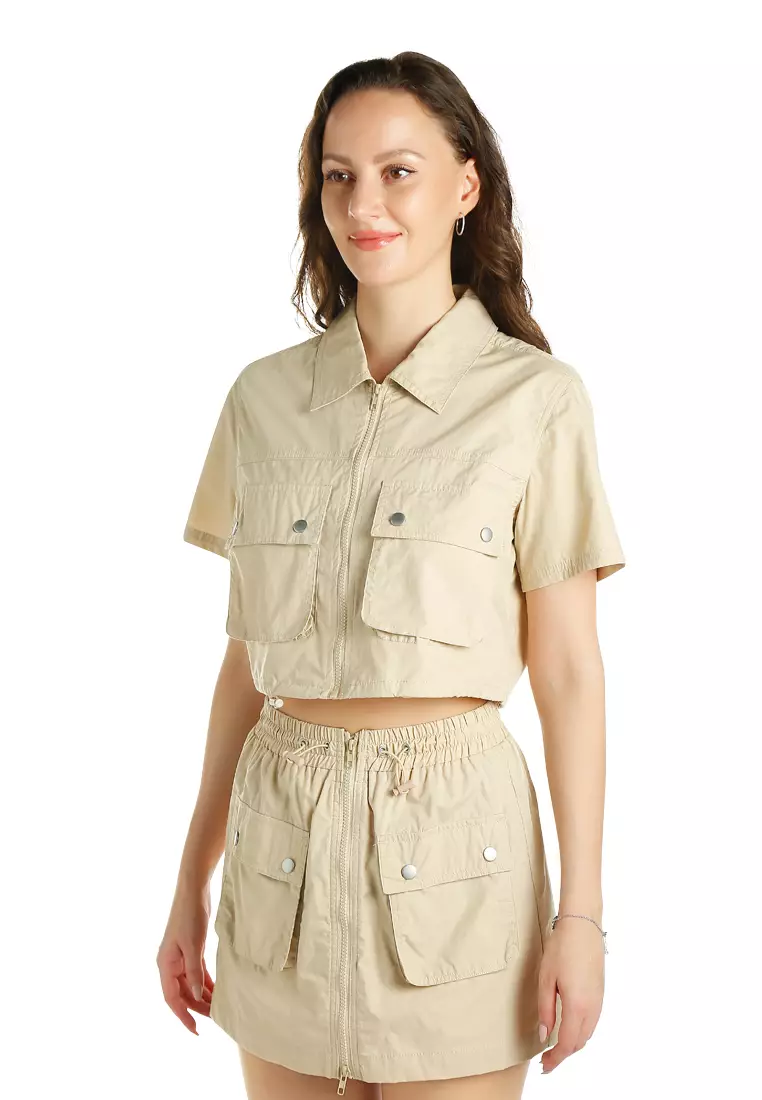Flap Pocket Poplin Cargo Jacket in Cream