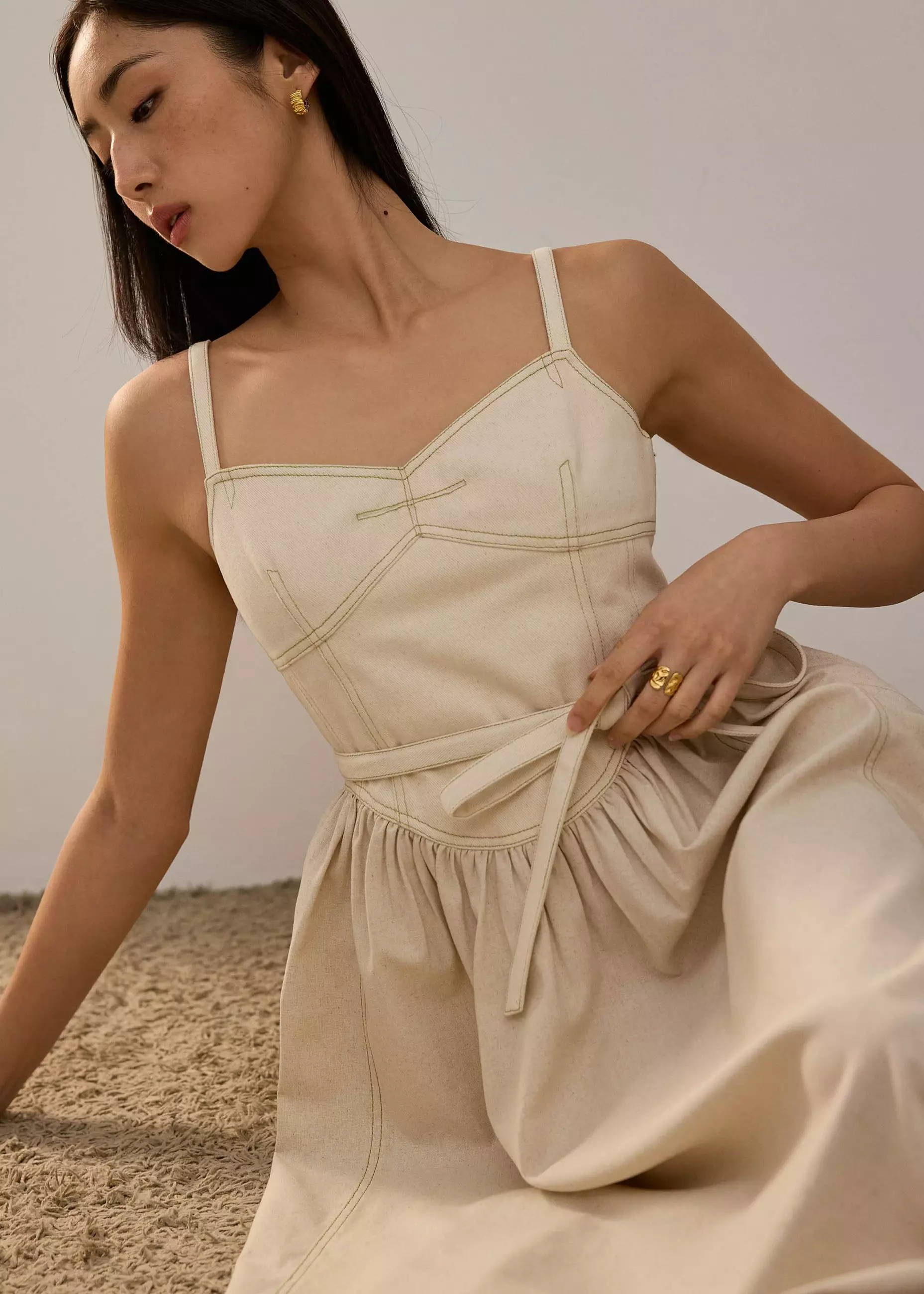 Dress Wanita - Detachable Sash Sweetheart Fit & Flare Midi Dress