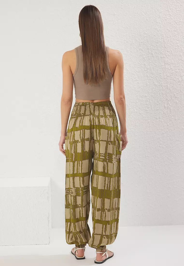 Khaki Ethnic Patterned Trousers Elasticated Shalwar Form Woven Trousers TWOSS25PL00063