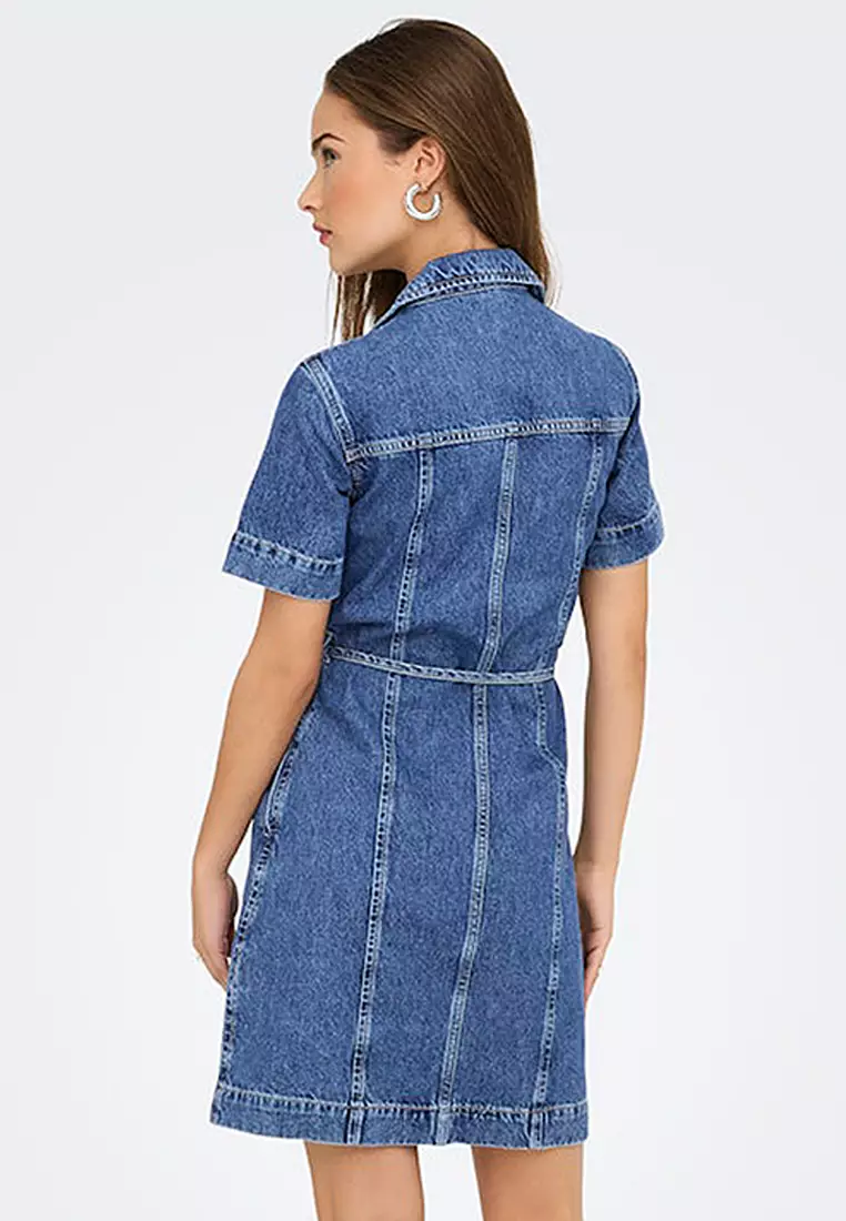 短袖牛仔束腰連身裙