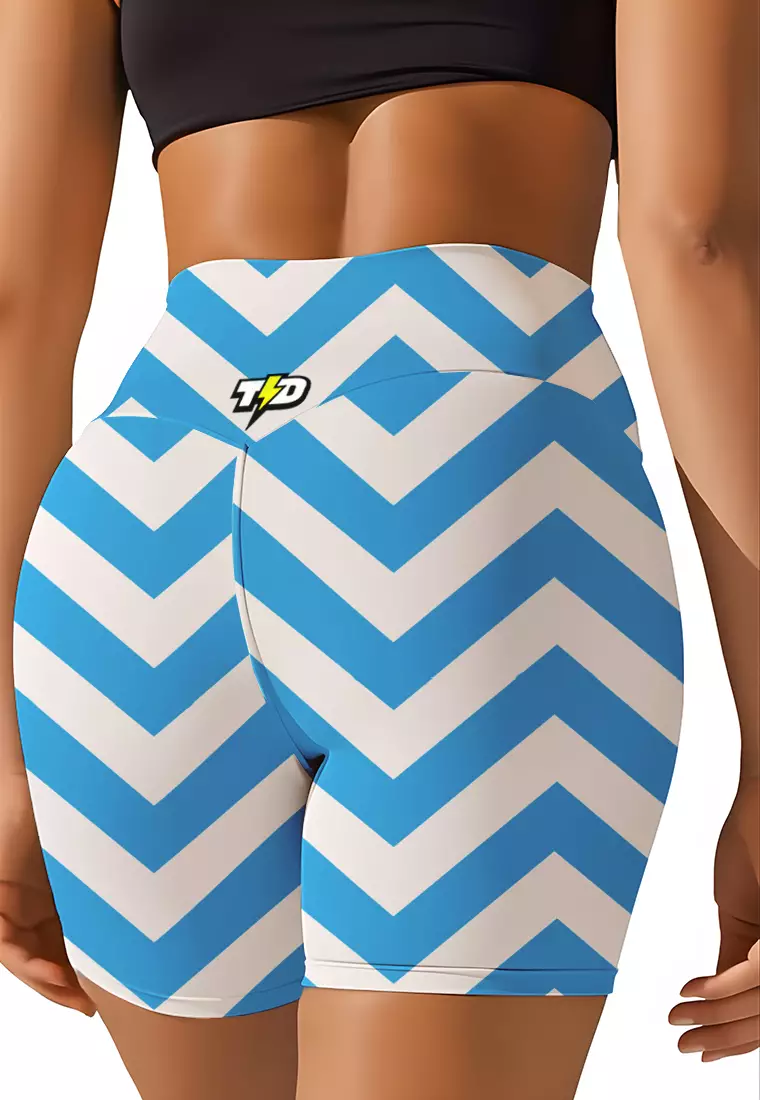 LB111 Celana Legging Td Bolt 5inch Gym Yoga Crossfit zigzag cyan putih