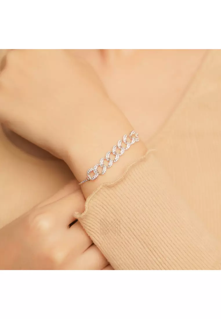 Millennia 2000 Chain Link Studded Drawstring Cubic Zirconia Rhodium Bracelet with 925 Sterling Silver