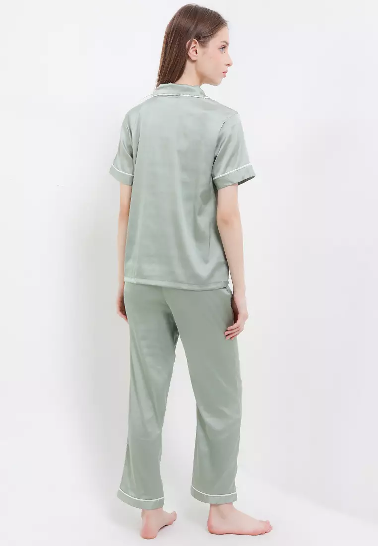Piyama Pijama Baju Tidur Satin Silk Couple Mens Short Sleeve Long Pants Sleepwear