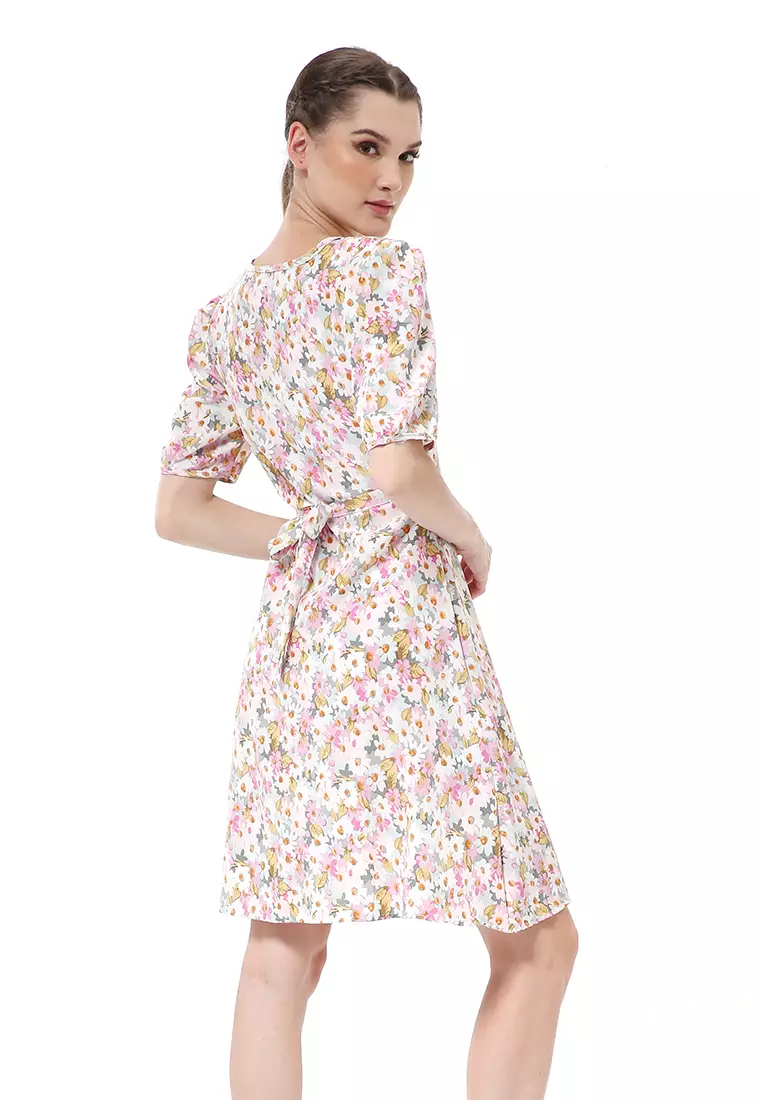 Rachel Dress Wanita Lengan Karet Flower Motive Model Belah Samping Material Cotton ORIGINAL - Pink