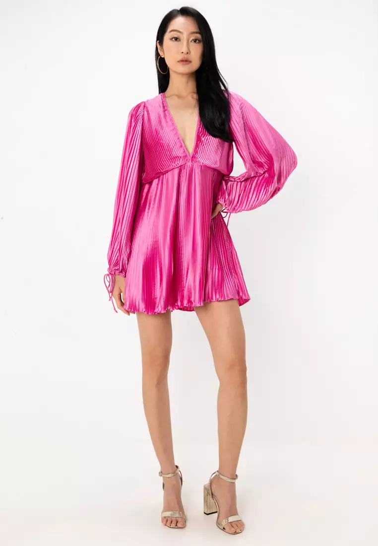 Satin Pleat Plunge Blouson Sleeves Mini Dress