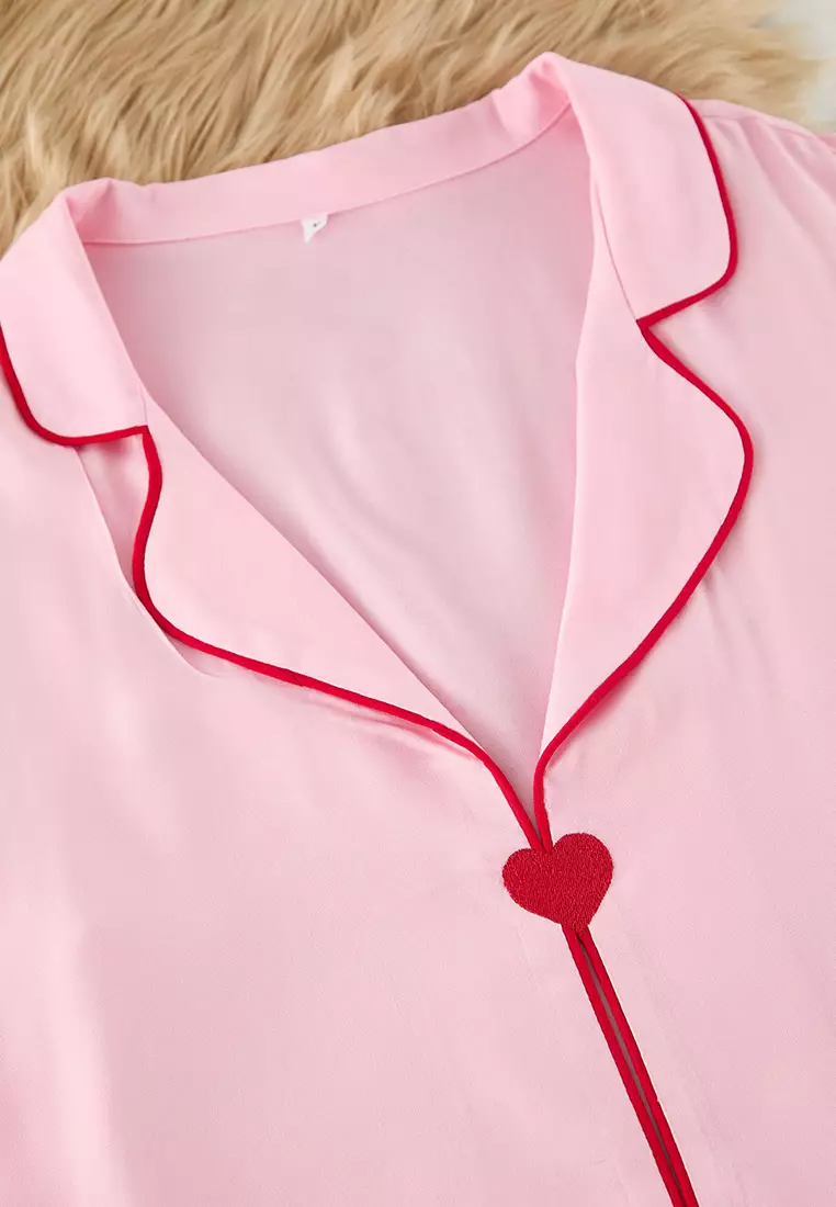Pink Heart Embroidery and Piping Detail Viscose Woven Pajama Set TBBSS25AI00015