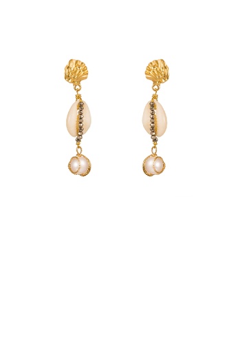 Glamorousky white Fashion Elegant Plated Gold Irregular Geometric Shell Tassel Imitation Pearl Earrings with Cubic Zirconia 4372BACBE37557GS_1