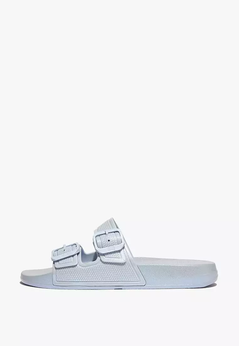 Discount on Fitflop  shoes - SKU: Fitflop Iqushion Pearlized Two-Bar Buckle Slides- Pearlized Skywash Blue