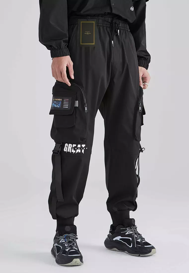 Topman relaxed nylon multi pocket cargo pants in black